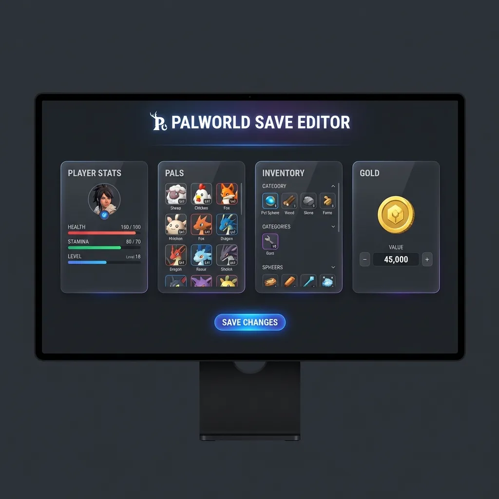 Palworld Save Editor Interface showing player stats and inventory